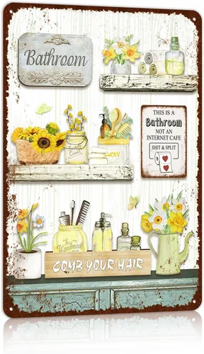 Letreros de hojalata vintage estilo granja para baño, arte de pared rústico con flores campestres, decoración, 8 x 12 pulgadas