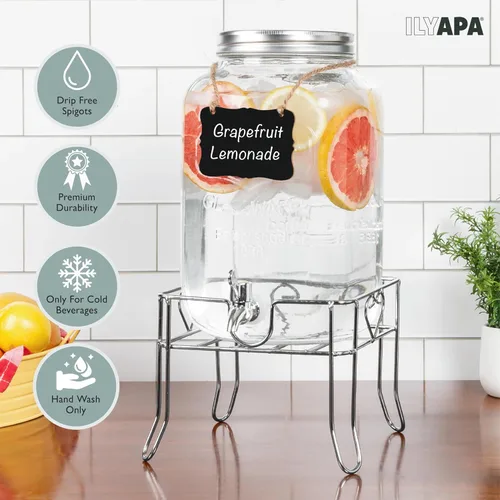 Miniatura 4 de Ilyapa Dispensador de bebidas de vidrio para exteriores con base de metal resistente, espita de acero inoxidable y pizarra colgante - Dispensador
