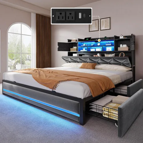 Miniatura 13 de DWVO Base de cama tamaño Queen con luces LED RGB y cabecera de estantería de almacenamiento, cama tapizada con estación de carga y 4 cajones,