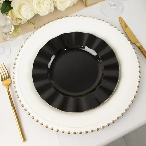 Miniatura 110 de Tableclothsfactory Paquete de 10 platos redondos de plástico negro de 6 pulgadas para ensalada de postre, platos desechables con borde ondulado