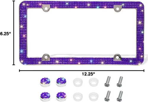Miniatura 7 de Marco de matrícula Bling de Otostar, hecho a mano con 4 filas de diamantes de imitación brillantes, marco de matrícula de acero inoxidable con 4