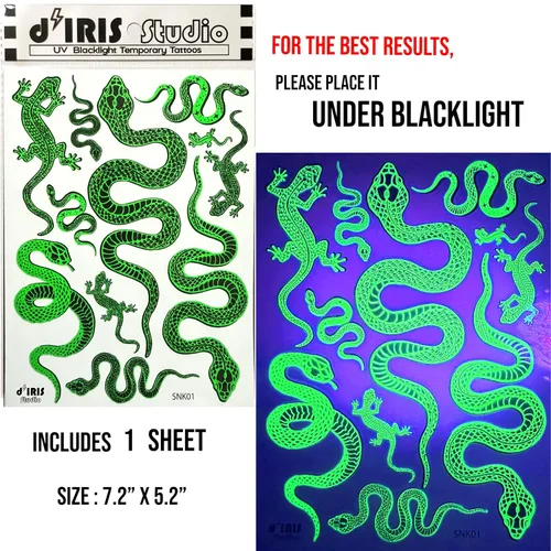 Miniatura 2 de Tatuajes temporales reactivos a los rayos UV – 1 hoja de diseño de serpiente, pintura corporal, accesorios de festival de luz negra, suministros