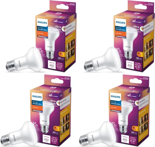 PHILIPS Bombillas LED de 45 W R20, 4 unidades, ultra definición, color blanco suave (2700 K) 450 lúmenes (5.5 W = 45 W), regulables, esmeriladas,