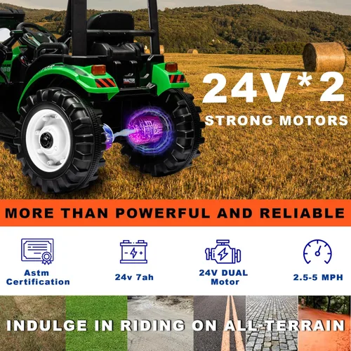 Miniatura 4 de Kidsera Tractor de paseo para niños de 24 V con remolque y cargador frontal, tractor 3 en 1 con caja de cambios de 24 voltios, marco de metal
