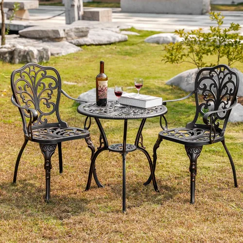 Miniatura 2 de Juego de mesa de bistró de 3 piezas de aluminio fundido para exteriores, mesa y sillas para exteriores para todo tipo de clima con agujero