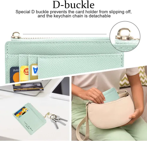 Miniatura 24 de URAQT Cartera para tarjetas de crédito, cartera minimalista de cuero delgado con cremallera, mini protector de tarjeta de crédito, llavero bolsillo