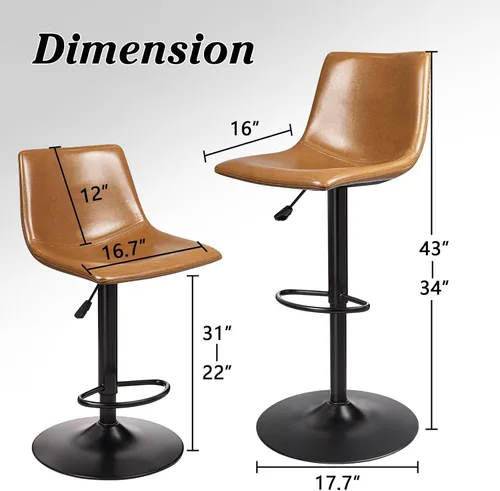 Miniatura 2 de Waleaf Juego de 2 taburetes de bar giratorios ajustables, taburetes de bar de altura de mostrador con respaldo, taburete de bar de cuero PU de 350
