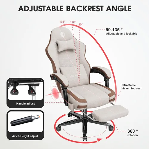 Miniatura 7 de Silla para videojuegos, silla de oficina de tela para computadora con masaje, silla ergonómica con reposapiés, soporte lumbar, cojín ensanchado