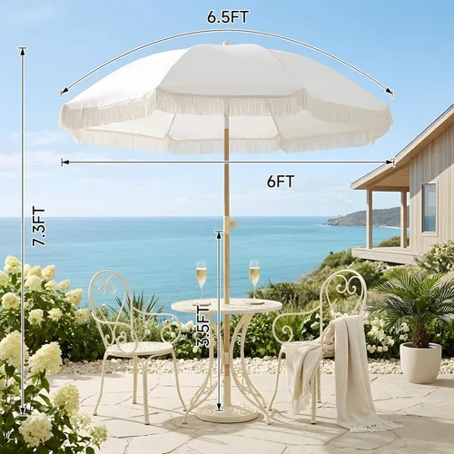 Miniatura 6 de Umberlla de patio bohemio de 6.5 pies con flecos, sombrilla para exteriores UPF50+ con varillas de fibra de vidrio y botón de inclinación, paraguas