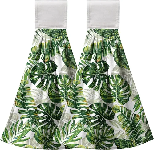 Miniatura 17 de Juego de 2 toallas de cocina colgantes de hojas tropicales de verano, color verde, hojas de palmera, con bucles para colgar, suaves y absorbentes