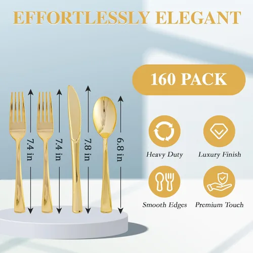 Miniatura 4 de FOCUSLINE Juego de 160 cubiertos de plástico dorado, incluye 80 tenedores dorados, 40 cuchillos, 40 cucharas, cubiertos desechables de plástico