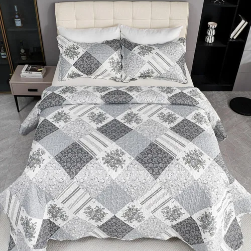 Miniatura 4 de Cmfshape Colcha floral de verano, juego de edredón romántico gris matrimonial, juego de ropa de cama reversible con costuras para todas