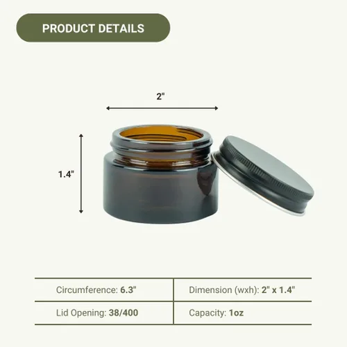 Miniatura 4 de Tarro de vidrio ámbar de 1 onza – 12 paquetes, tarros redondos vacíos sin plomo para productos de belleza, loción y polvos – Tapa negra – Tarros