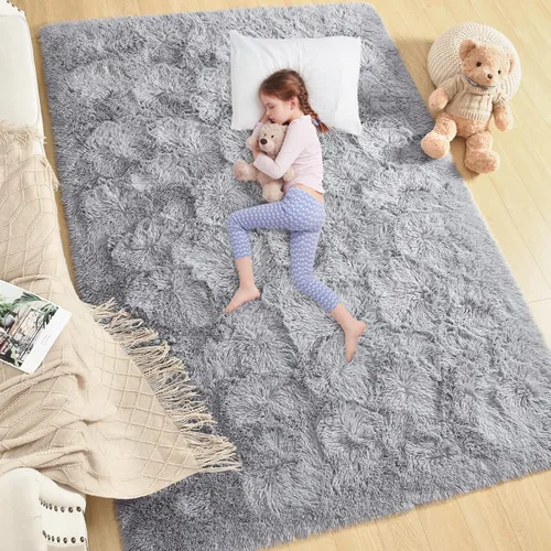 Miniatura 6 de Alfombras grises ultrasuaves para dormitorio de 5 x 8 pies, alfombras de área tipo shag esponjosas para sala de estar, alfombra peluda grande