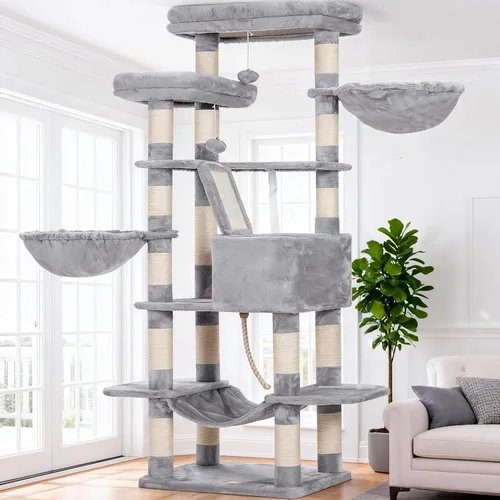 Miniatura 17 de Heybly Árbol para Gatos, Torre para Gatos Multinivel de 68 Pulgadas para Gatos de Interior, Condominio para Gatos con 2 Perchas de Felpa Ensanchadas