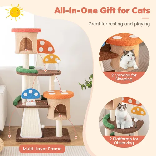 Miniatura 5 de Tangkula - Árbol para gatos en forma de hongo, torre para gatos de varios niveles con postes de sisal completamente envueltos, tableros para rascar