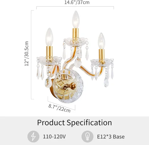 Miniatura 2 de WUZUPS Apliques de pared de 3 luces para dormitorio, sala de estar, baño, base E12, dorado