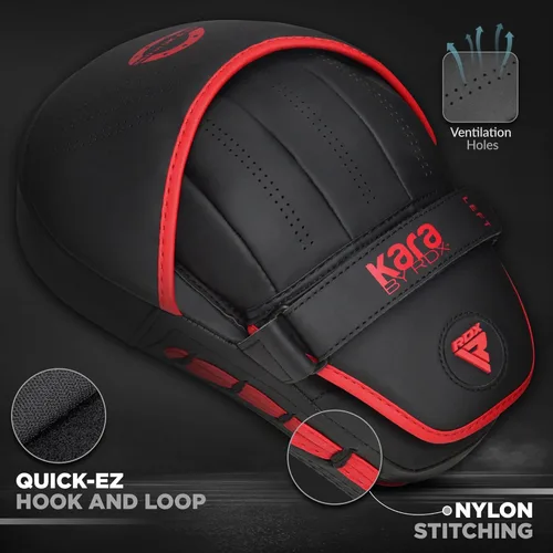 Miniatura 5 de RDX Almohadillas de boxeo Curvadas Focus Mits, Maya Hide Leather Kara Hook and jab Training Pads, correa ajustable ventilada, MMA Muay Thai Rojo