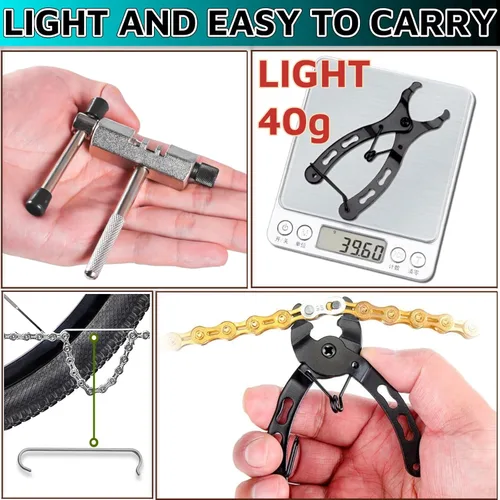 Miniatura 5 de Herramienta de cadena de bicicleta, 3 piezas, alicates de eslabones de bicicleta + herramienta de deriva de cadena + gancho de cadena de bicicleta