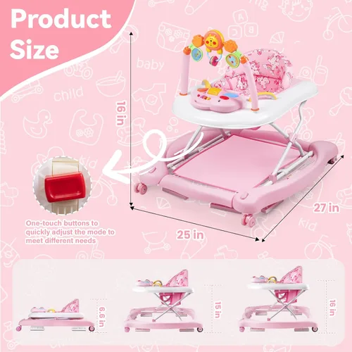 Miniatura 8 de Andador de bebé, 5 en 1 para niños y niñas de 6 a 12 meses, andadores plegables para bebés con gorila y bandeja de alimentación, música, alturas