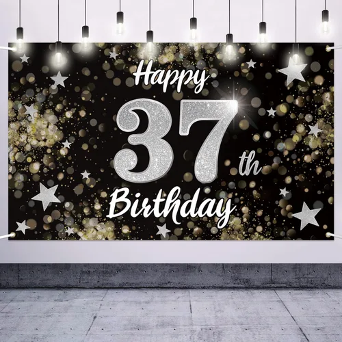 Decoración de feliz cumpleaños 37, cartel grande de fondo de cumpleaños de 37 años con estrella de ensueño negro y plateado – Decoración de fiesta
