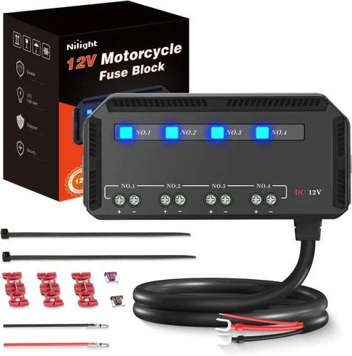 Nilight - Caja de fusibles para motocicleta de 12V, soporte de bloque de terminales de bajo perfil de 20A con indicador LED, 4 circuitos de