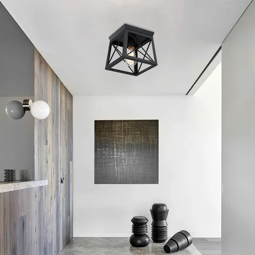 Miniatura 9 de 1 Light Black Industrial Flush Mount Ceiling Light Fixture - Square Farmhouse Caged Ceiling Light for Closet Kitchen Hallway Porch, E26, Dimmable