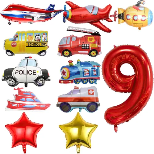 Miniatura 8 de 12 globos de transporte, camión, avión, autobús escolar, camión de bomberos, coche de policía, barco, ambulancia, submarino, globo de papel