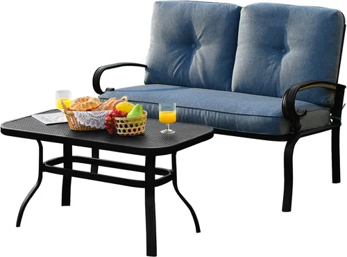 Tangkula Sofá biplaza de patio con juego de mesa, sofá acolchado de 2 asientos con mesa auxiliar, juego de sofá de conversación para patio con marco