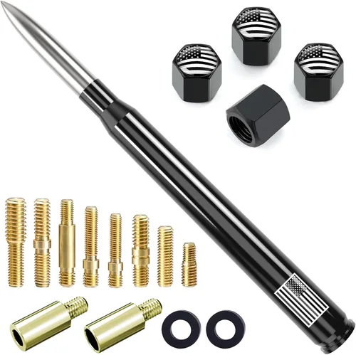 Miniatura 23 de Antena de camión para automóvil con tapas de válvula de neumáticos, bandera estadounidense, repuesto corto universal para GMC Sierra, Chevy, Negro