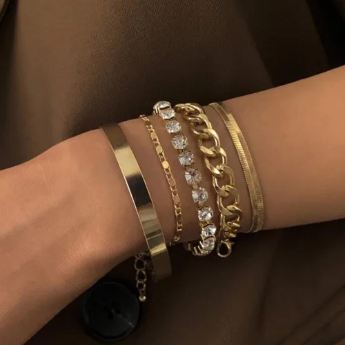 Miniatura 2 de fxmimior Juego de 5 pulseras apilables de cadena dorada y plata con diamantes de imitación para mujer, con cuentas ajustables, cadena de cable plano