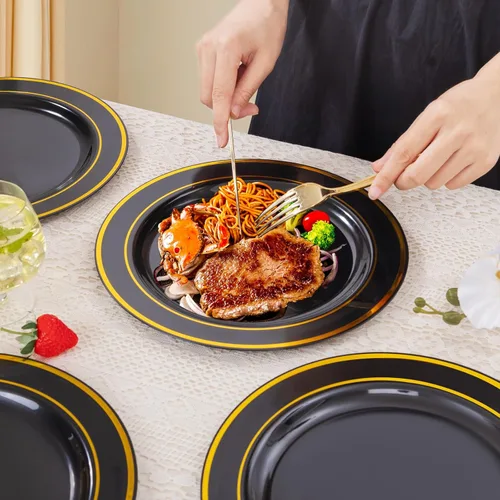 Miniatura 6 de bUCLA - 100 platos de plástico negros y dorados de 10.25 pulgadas, platos desechables con borde dorado, ideales para fiestas, graduaciones y Año