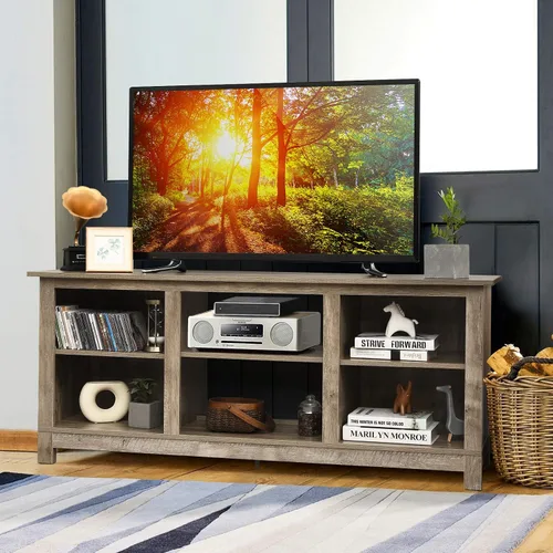 Miniatura 2 de Tangkula Soporte universal de madera de granja para TV de hasta 65 pulgadas, mesa consola de TV rústica con 6 estantes abiertos, centro