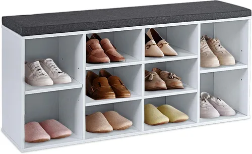 DORTALA Banco de zapatos con cojines acolchados, armario de almacenamiento de 10 cubos con estantes ajustables, banco de almacenamiento de zapatos
