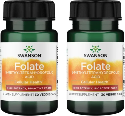 Swanson Ácido folato 5-metiltetrahidrofólico - Alta potencia, forma bioactiva 800 mcg Dfe 30 cápsulas vegetales (paquete de 2)