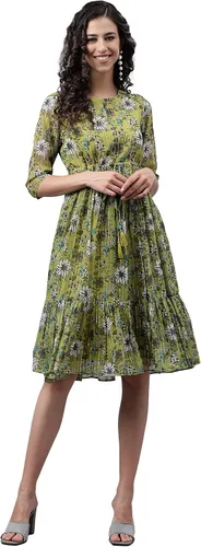 Miniatura 4 de Janasya Vestido acampanado con estampado floral de lúrex de gasa verde oliva para mujer india