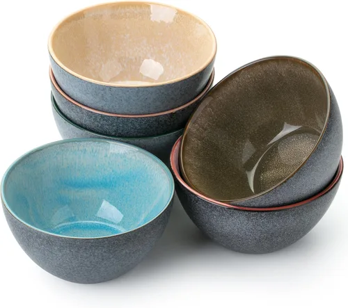 Brew To A Tea BTAT - Cuencos de cerámica para cereales, 29 onzas, paquete de 6, 6.3 pulgadas, colores esmaltados en el interior, cuencos resistentes