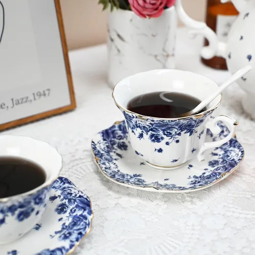 Miniatura 4 de Bone China - Juego de taza de té y platillo, 3 piezas, estilo vintage, juego de taza de té y platillo para mujeres y fiestas de té, caja de regalo