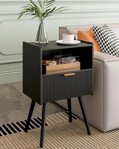 Veegle Mesita de noche, moderna mesita de noche con cajón de almacenamiento y estante de madera abierta, mesita de noche decorativa con patas de