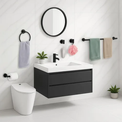 Miniatura 2 de Juego de 5 piezas de herrajes de baño negro mate, juego de toalleros para baño de acero inoxidable SUS304, portarrollos de papel higiénico montado