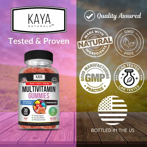 Miniatura 4 de Kaya Naturals Gomitas multivitamínicas para adultos, biotina, vitamina A, B-12, C y E, incluyendo zinc, ácido fólico, sabor a fresa - Multivitaminas