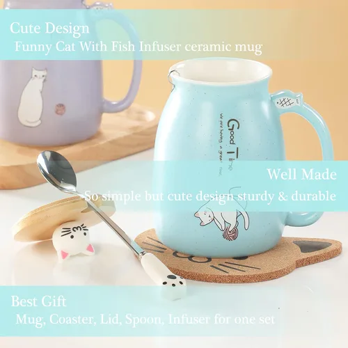 Miniatura 7 de BigNoseDeer Lindas tazas Kawaii de gato, taza de café de cerámica con infusor y tapa, cuchara, taza de té, regalos lindos y geniales para mujeres