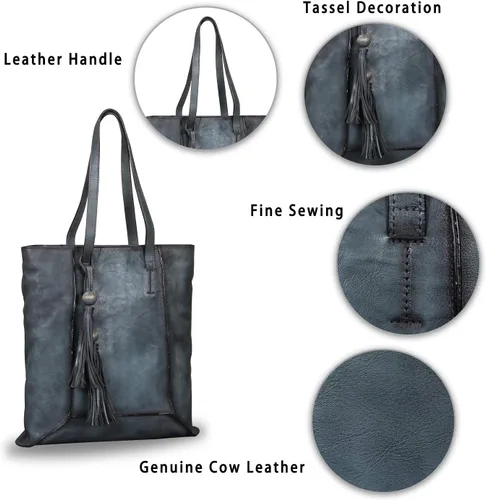 Miniatura 6 de Bolso de hombro grande de cuero genuino para mujer, bolso de mano vintage de cuero real y bolsos de mano