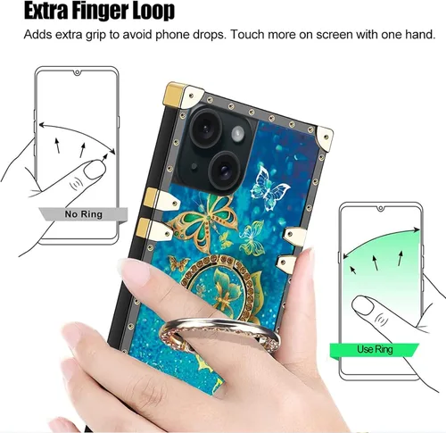 Miniatura 8 de nancheng Funda para iPhone 15, diseño de flor de mariposa azul, TPU suave, a prueba de golpes, con soporte de anillo y cordón a juego, elegante