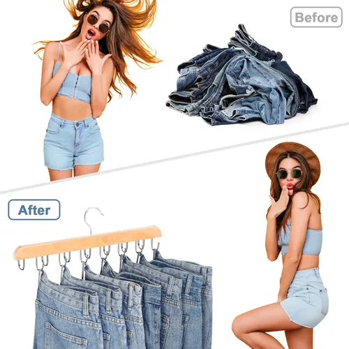 Miniatura 2 de Ganchos para jeans para armario, 14 ganchos de madera para jeans que ahorran espacio, soporte giratorio de 180° para faldas, pantalones cortos