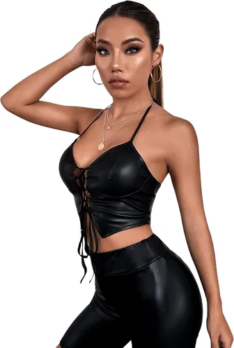 Miniatura 3 de SheIn Camisola de piel sintética con cuello halter para mujer, con cordones, sin mangas, sin espalda