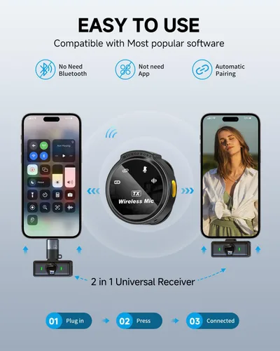 Miniatura 3 de Paquete de 2 micrófonos de solapa inalámbricos para iPhone 15, Android, USB C, iPad con adaptador incluido, mini micrófono de solapa con cancelación