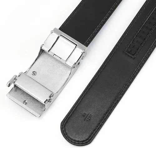 Miniatura 6 de BOSTANTEN Cinturón de cuero con trinquete para hombre con hebilla ajustable deslizante, corte para adaptarse, Negro