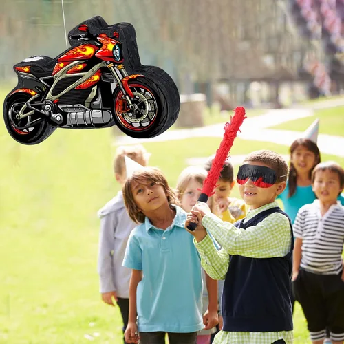 Miniatura 6 de Shappy Piñata de motocicleta 3D Dirt Bike Piñata con palo para los ojos vendados, decoración de cumpleaños de motocicleta roja, decoración de fiesta