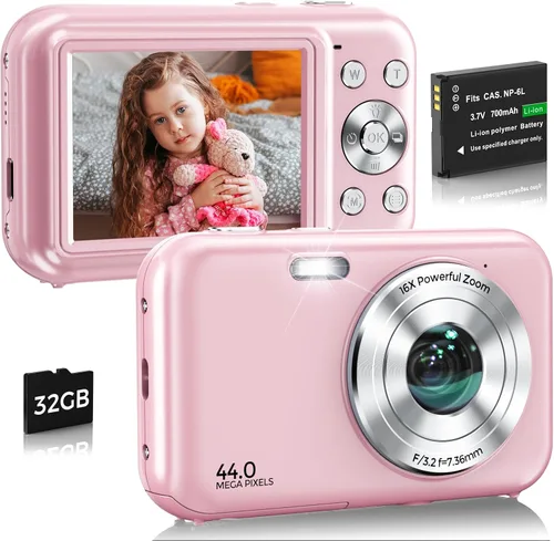 Miniatura 7 de Cámara digital, FHD 1080P 44MP Cámara de vlogging con tarjeta de 32 GB, zoom 16X antivibración, cámara digital compacta de punto de viaje y disparo